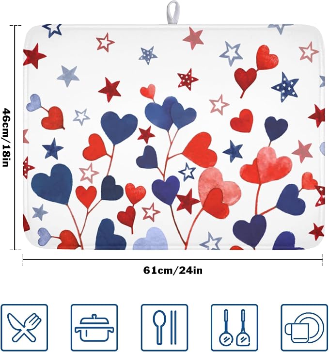 4th of July Dish Drying Mat for Kitchen Counter Patriotic Red Blue Star Love - Image 2