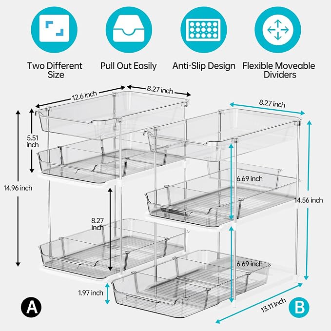 Delamu 2 Pack 3-Tier Bathroom Under Sink Organizers and Storage, Pull Out Clear - Image 2