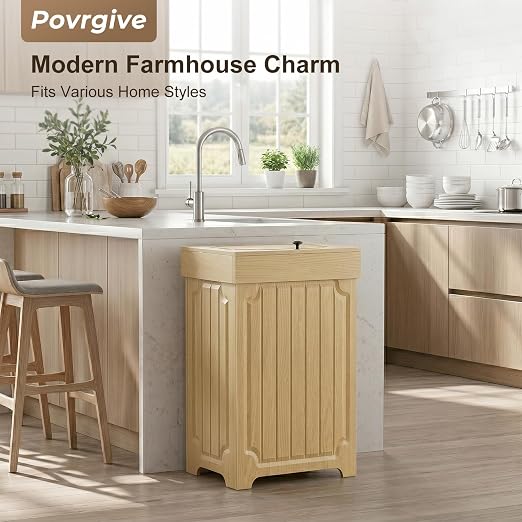 Povrgive Wood Trash Can Cabinet, 13 Gallon Hidden Kitchen Garbage Can - Image 6