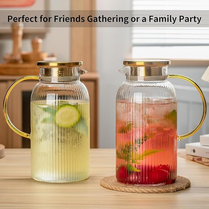 Buaic Glass Pitcher with Lid, 84oz/2.5 Liter Classic Vertical Stripes Water - Image 5