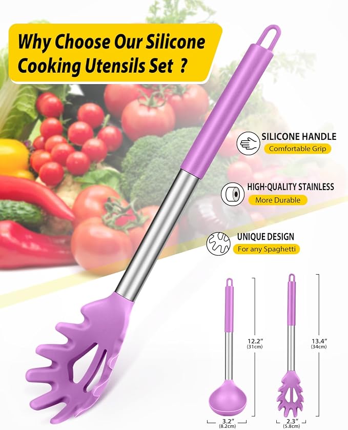 Silicone Pasta Fork and Ladle Spoon Set, Large Non Stick Kitchen Utensils - Image 2