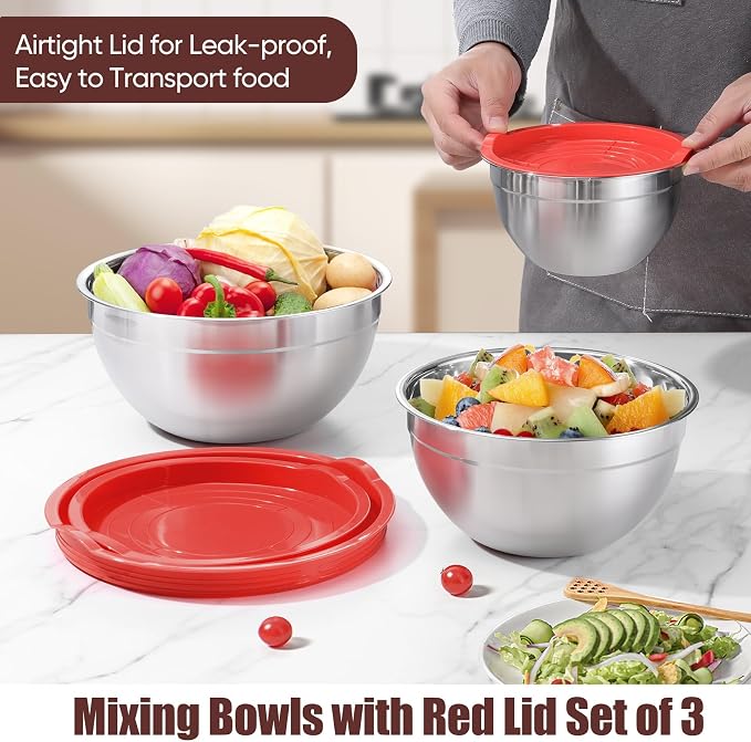 P&P CHEF Red Mixing Bowls with Lids, Stainless Steel Salad Nesting Bowl - Image 5