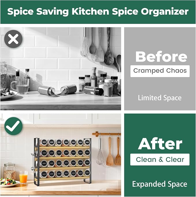 EsLuker.ly Spice Seasoning Rack Organizer Kitchen Countertop, 4 Tier Bamboo - Image 7