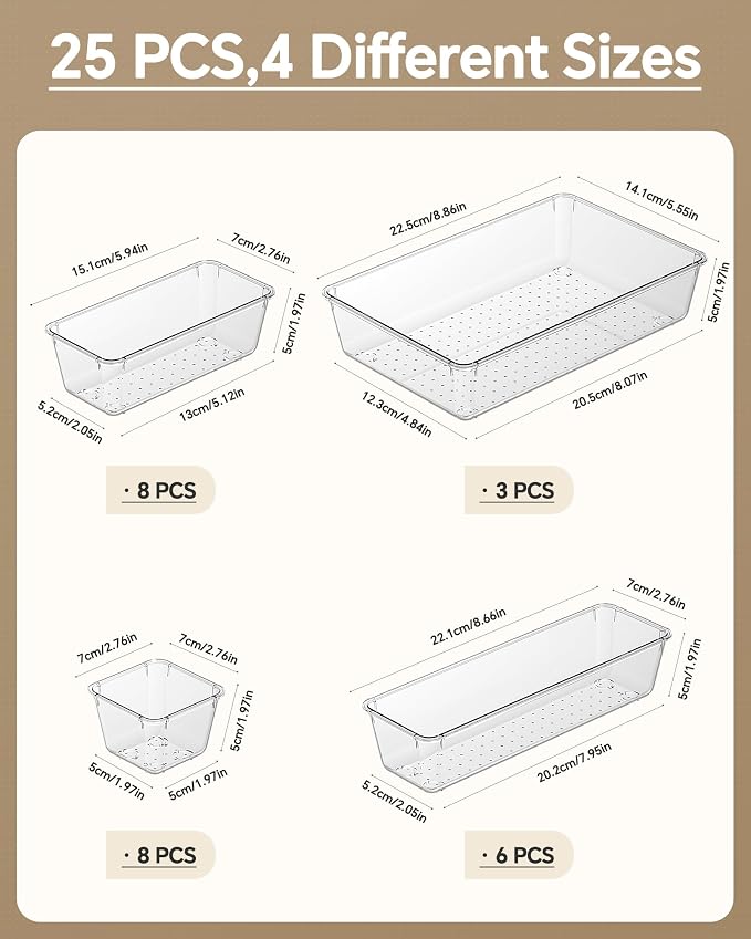 KEMETHY 25 PCS Plastic Drawer Organizers Set, 4 Sizes Vanity Organizer - Image 2