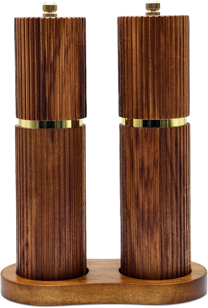 8 Inch Wooden Salt and Pepper Grinder Set, Adjustable Coarseness, Acacia Wood by Amestar