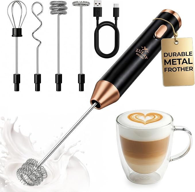Zulay Kitchen Metal Rechargeable Milk Frother, 3 Whisk Attachments Handheld by ZulayKitchen