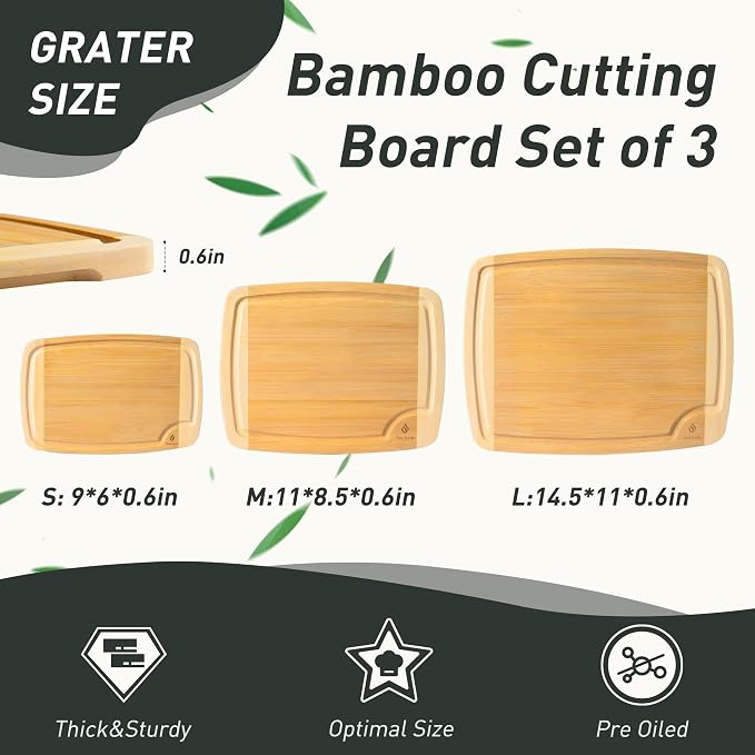 3 packs Bamboo Cutting Board Set Non Slip Feet Over Sink - Image 2