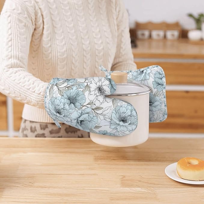 Oven Mitts and Pot Holders Set, Vintage Pastel Flower Peony Silicone Kitchen - Image 7