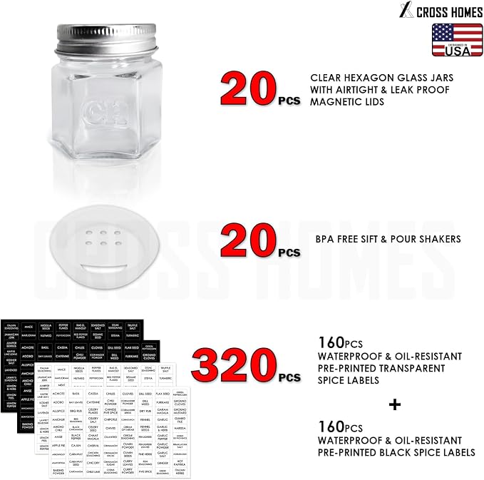 20 Pack Magnetic Spice Jars for Refrigerator, Hexagon Glass Magnetic Spice Jar - Image 2