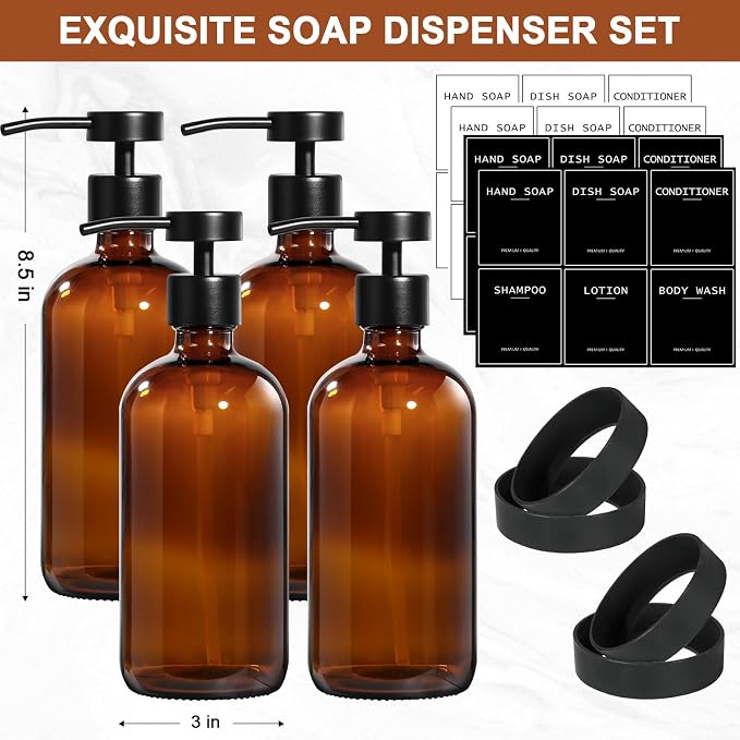 RYTOXILO Amber Glass Soap Dispenser 4 Pack, Hand Soap Dispenser Bathroom - Image 2