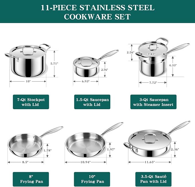 EWFEN Pots and Pans Set, 3 Ply 11 Piece Stainless Steel Cookware Set, Oven - Image 2