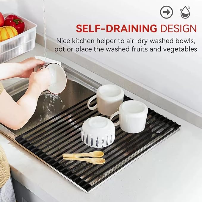 MERRYBOX Roll Up Over The Sink Dish Drying Rack Silicone Wrapped Foldable - Image 9