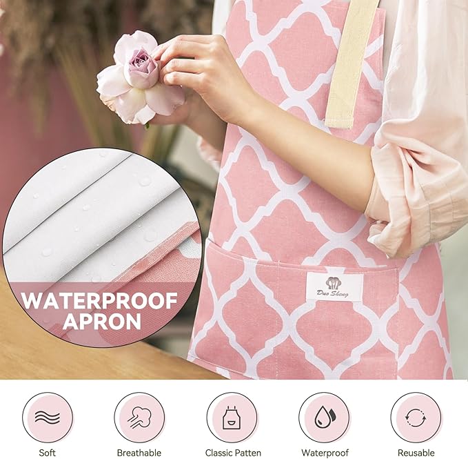 2 Pieces Aprons for Women with Pockets, Cotton Linen Waterproof Kitchen Cooking - Image 3