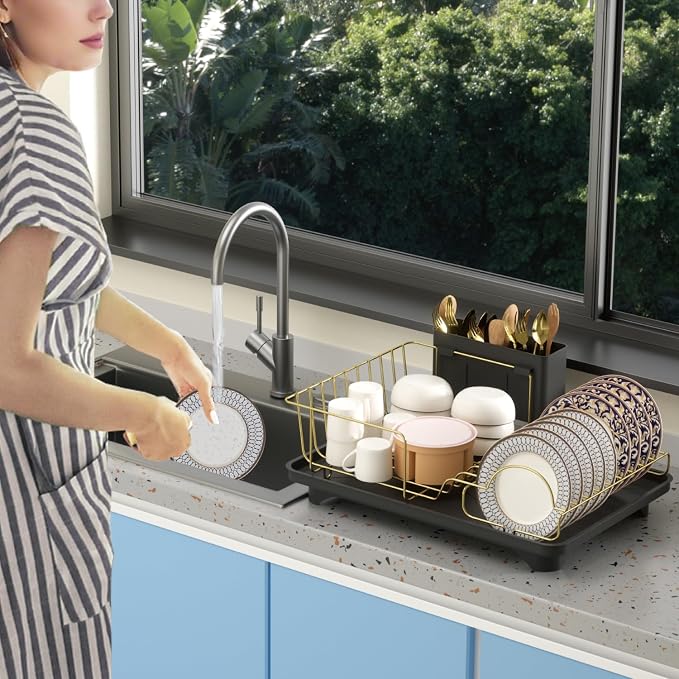 Buruis Dish Drying Rack for Kitchen Countertop, Large Capacity Gold Stainless - Image 9