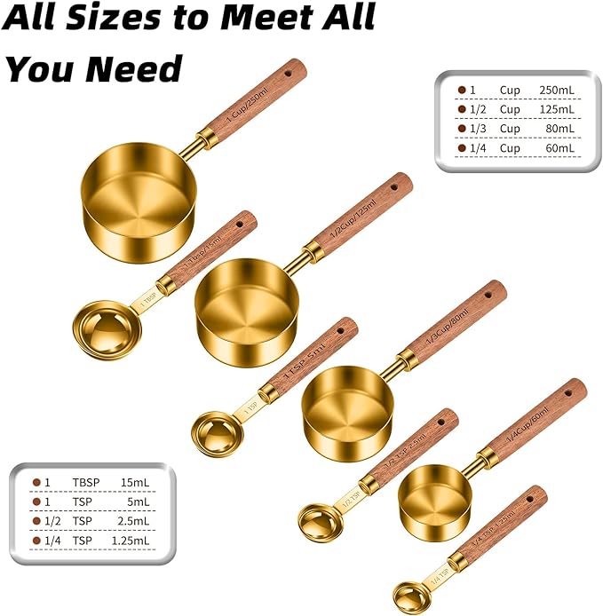 Stainless Steel Measuring Cups and Spoons Set of 8, Stackable Wooden Handle - Image 3