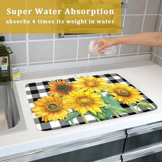 Sunflower Dish Drying Mat for Kitchen Counter Watercolor Black White Plaid - Image 7
