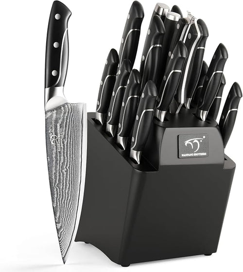 18 Pieces Damascus Kitchen Knife Set, 8 Piece Steak Knives, Non-slip ABS by NANFANGBROTHERS