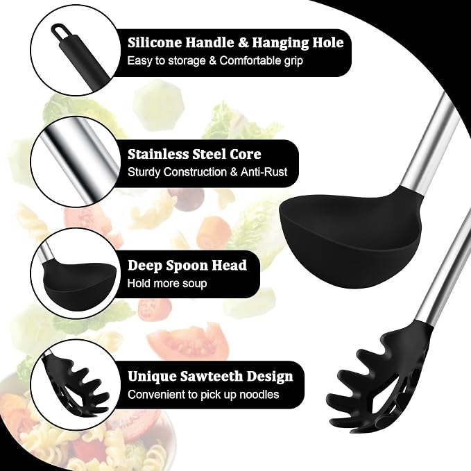 TeamFar Silicone Pasta Fork and Ladle Spoon Set, Serving Soup, Healthy & - Image 3