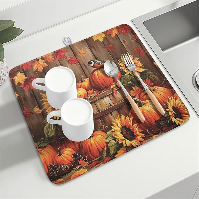 Fall Pumpkin Dish Drying Mat for Kitchen Counter Thanksgiving Autumn Harvest - Image 8