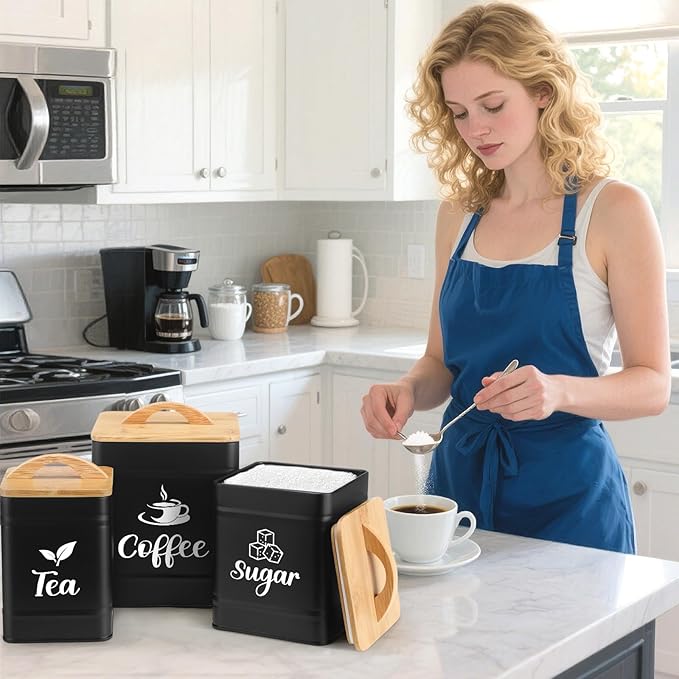 Maxdot 3 Set Coffee Sugar Tea Containers, Square Airtight Kitchen Canisters - Image 5