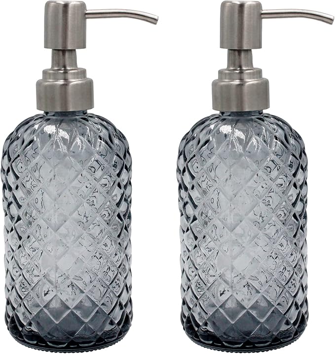 16 oz Diamond Pattern Glass Soap Dispenser, Kitchen and Bathroom Refillable by SDlumeiy