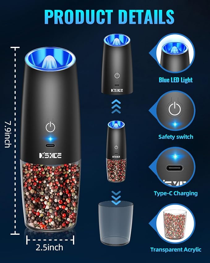 Rechargeable Pepper and Salt Grinder Set, whit Gravity Sensing Switch and LED - Image 7