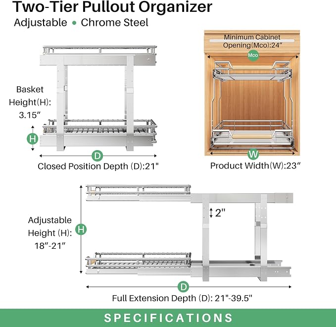 Pull out Cabinet Organizer, 2 Tiers 23"W X 21"D, Heavy Duty Smooth Sliding - Image 3