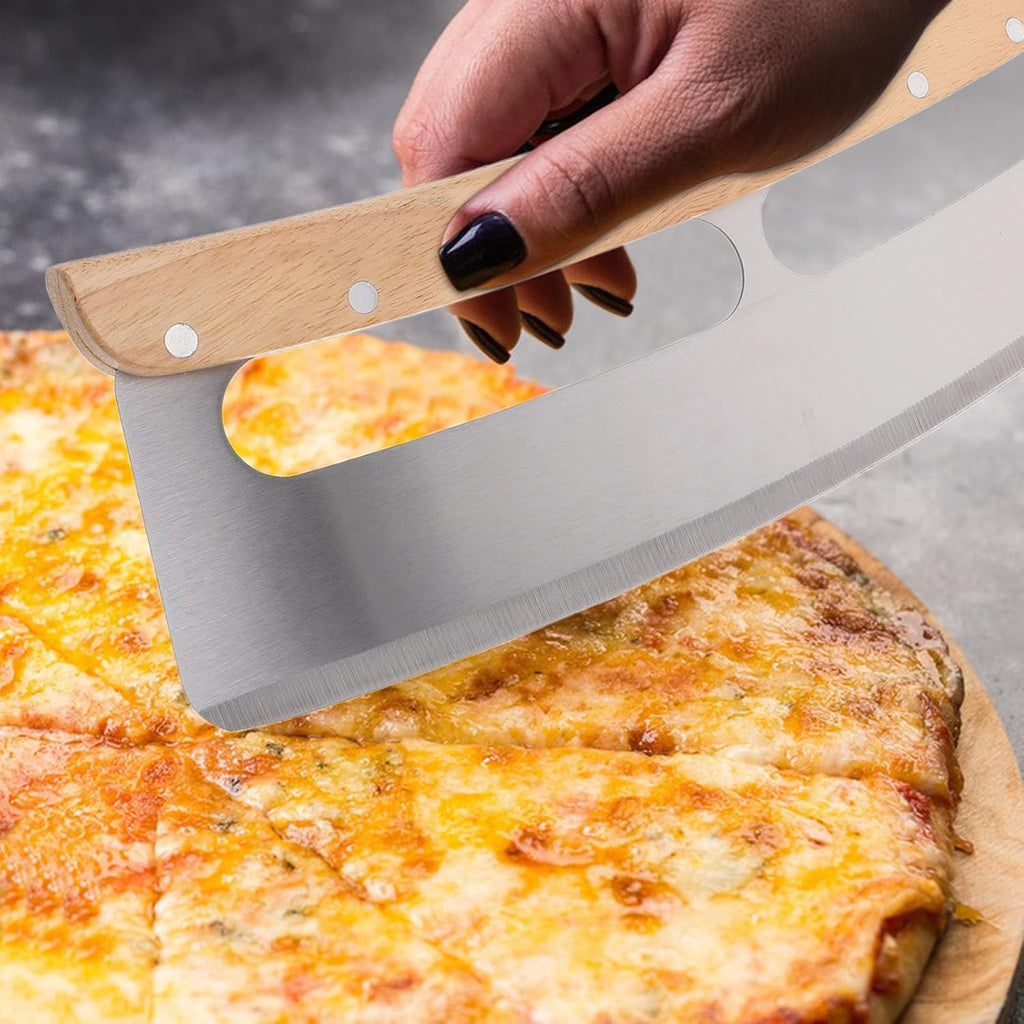 Pizza Rocker Cutter with Stainless Steel Semicircular Blade Wooden