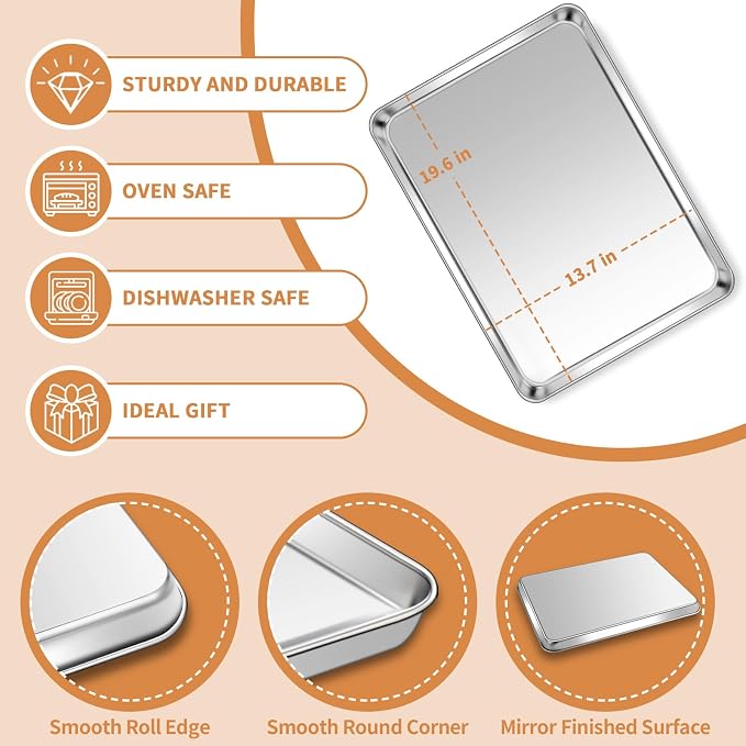 Stainless Steel Baking Sheet Set of 2, Deedro Cookie Sheet Metal Baking Pan - Image 2