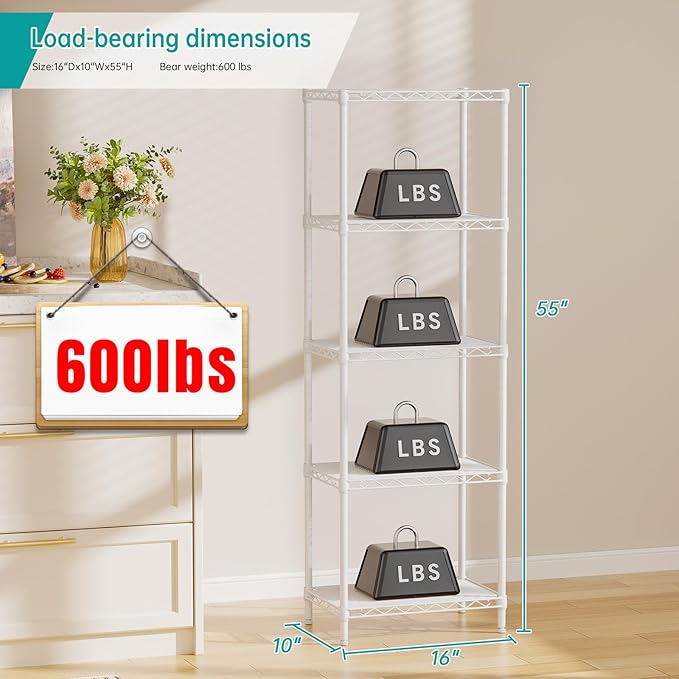SINGAYE 5 Shelves Storage Shelf Wire Closet Bathroom Organizers Metal Pantry - Image 3