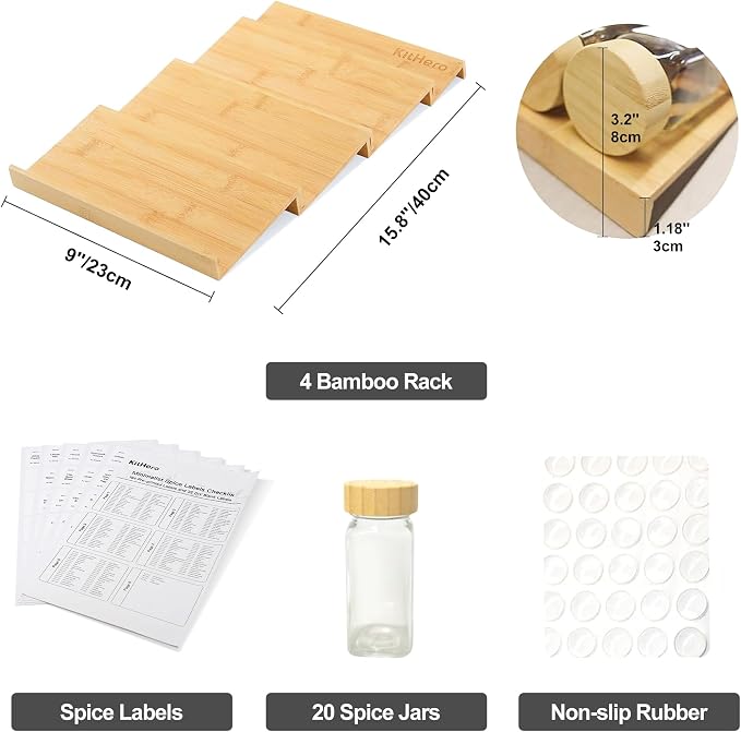 Spice Drawer Organizer with 20 Bamboo-lidded Spice Jars, 216 Labels, 25 - Image 3