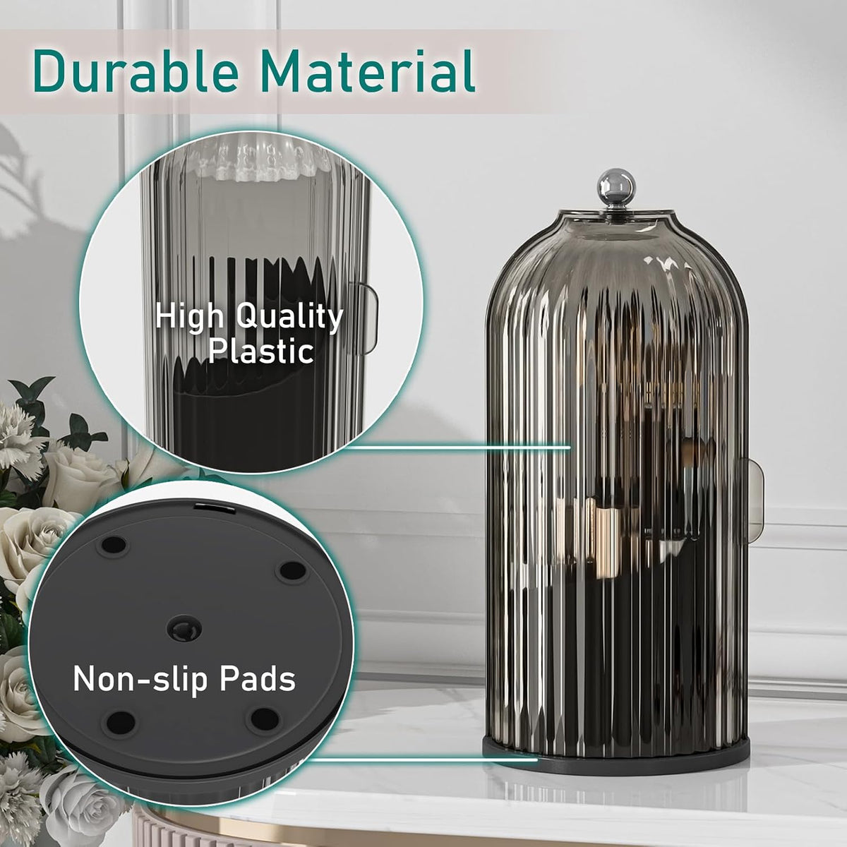 Makeup Brush Holder with Lid Rotating Cosmetic Organizer, Black-Grey