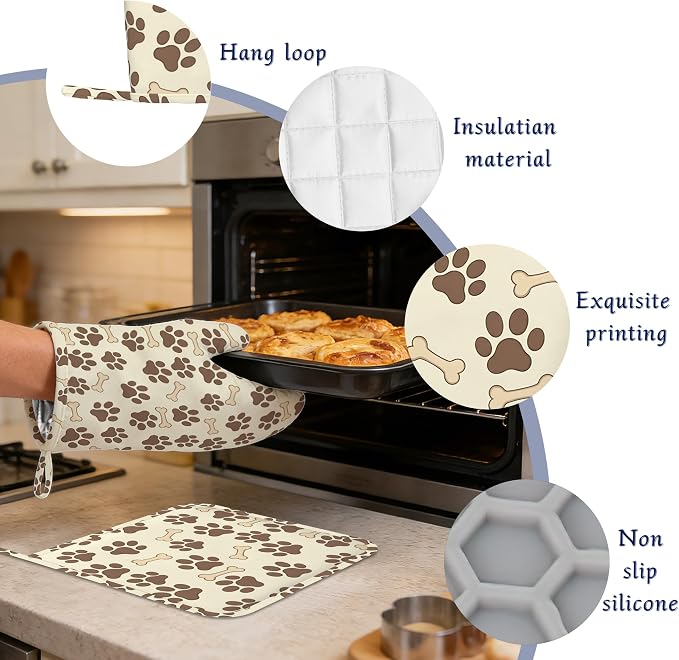 Dog Bone Paw Print Pot Holders and Oven Mitts Set Silicone Cute Animal Paws - Image 4