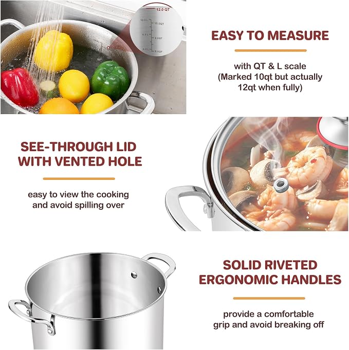 TeamFar 12 Quart Stock Pot, Stainless Steel Tri-ply Stockpot Large Pasta Soup - Image 3