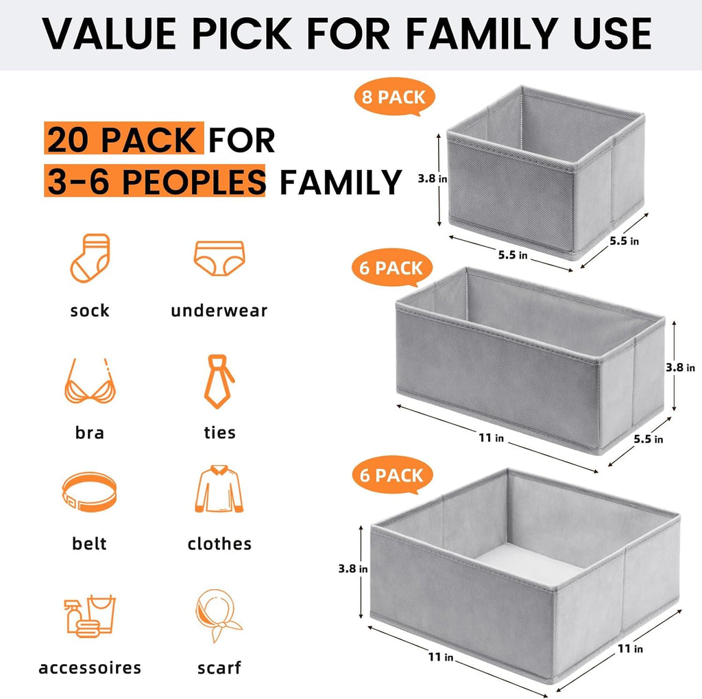 【FAMILY PACK】Drawer Organizer Clothes, 20 Pack Dresser Organizer Bins