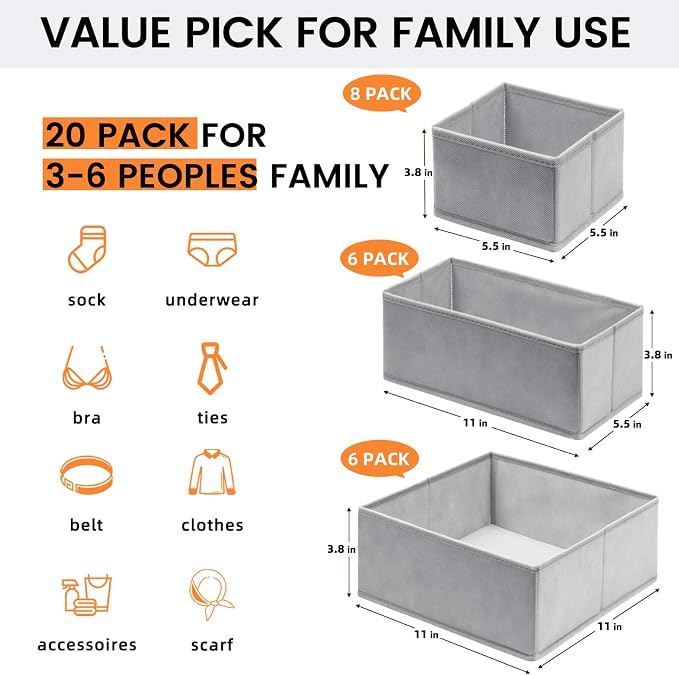 【FAMILY PACK】Drawer Organizer Clothes, 20 Pack Dresser Organizer Bins - Image 2