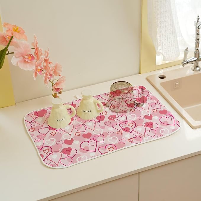 Valentines Day Dish Drying Mat 18 x 24 inch Pink Love Hearts Decorative Drying - Image 6