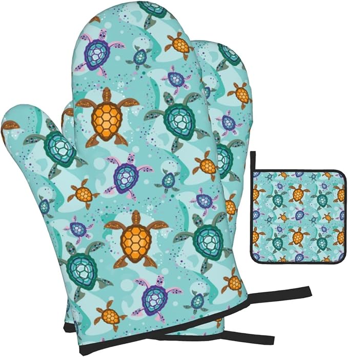 Cute Sea Turtle Beach Oven Mitts and Pot Holders Set Ocean Themed Decorative - Image 2