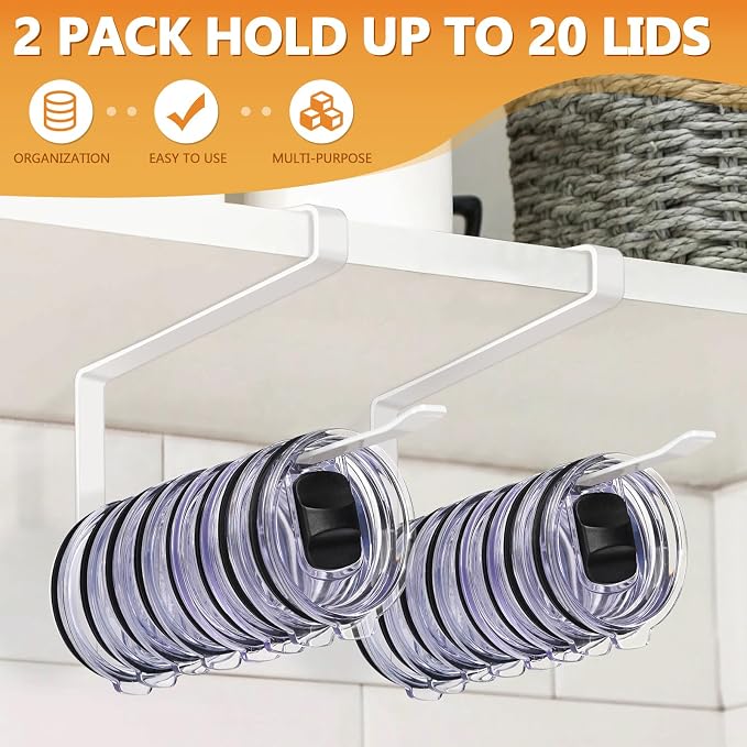 Tumbler Lid Organizer 2 Pack Tumbler Lid Storage Hook Up to 20 Lids, Space - Image 2