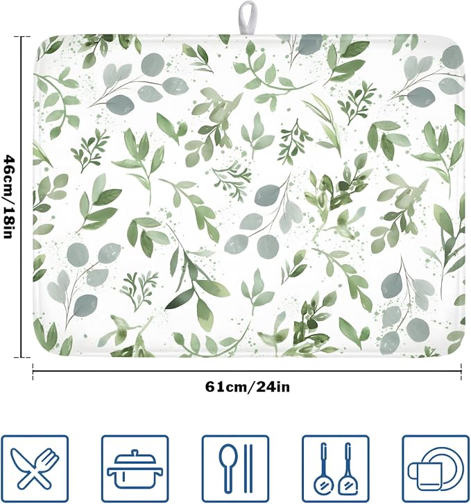 Spring Summer Sage Green Leaves Dish Drying Mat 18 x 24 Inch Spring Eucalyptus - Image 2