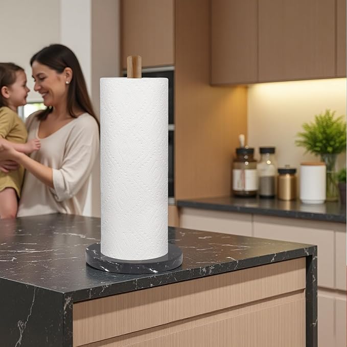 Buruis Wood Paper Towel Holder, Marble Base Modern Decorative Countertop - Image 2