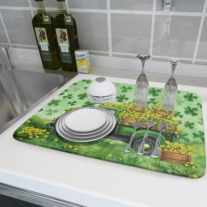Green Holiday Dish Drying Mat Lucky Clover Truck Drying Mat - Image 6