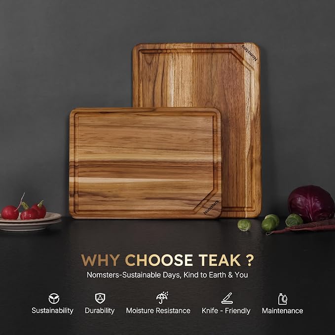 2 Pack Teak Wood Cutting Board Set Non Slip Over Sink Charcuterie Board Serving - Image 3