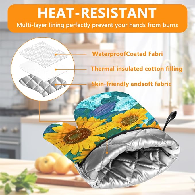 Sunflower Oven Mitts and Pot Holders Sets 4Pcs, Extra Long Oven Gloves Potholder - Image 3