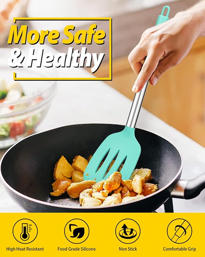 Pack of 2 Silicone Solid Turner, Non Stick Slotted Kitchen Spatulas, High Heat - Image 5