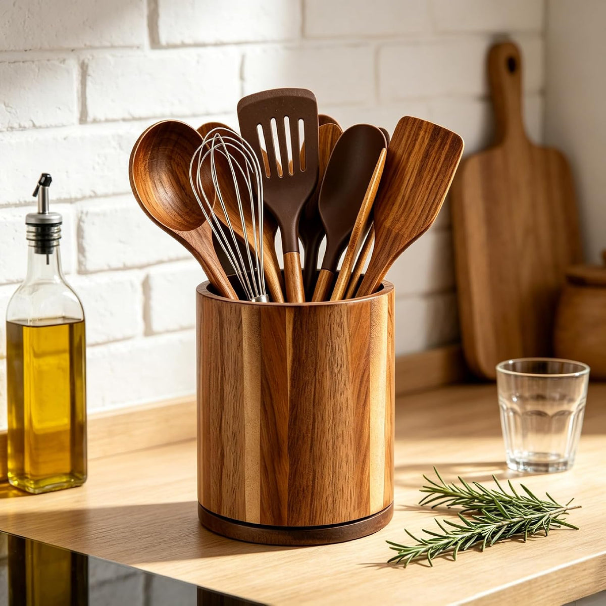 Kitchen Utensil Holder, 360 Rotating Acacia Wood Countertop