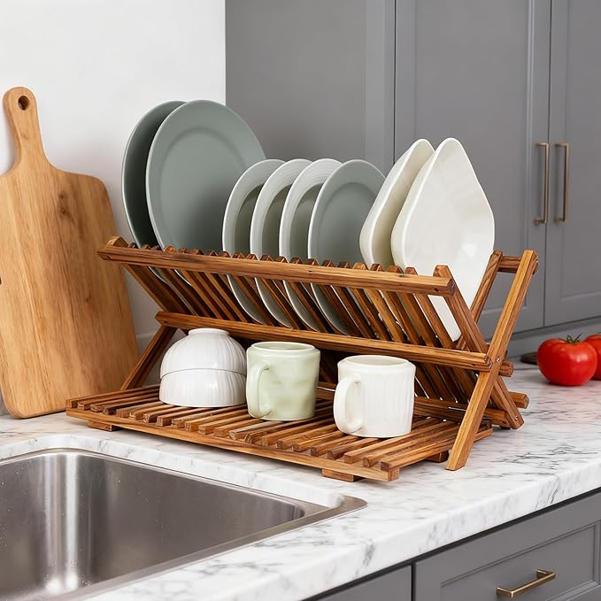 Utoplike Large Teak Dish Drying Rack, Wooden 3 Tier Collapsible Dish Draine - Image 5