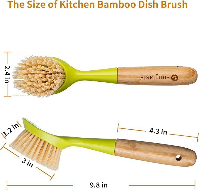2 Pack Kitchen Dish Brush Bamboo Handle Dish Scrubber Built-in Scraper - Image 6