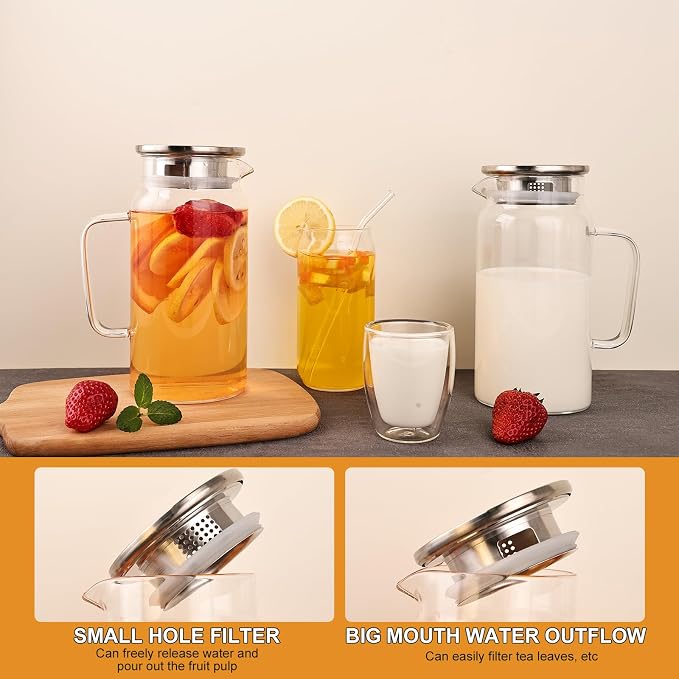 Set of 2 Glass Pitcher with Lid, 1200ml Leak Proof, Glass Water Jugs, Microwave - Image 5