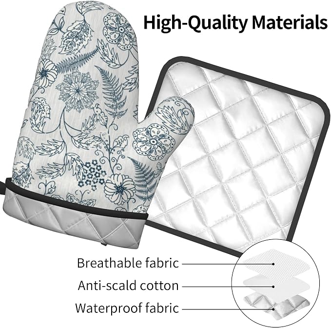 Blue Floral Oven Mitts Set – Vintage Pot Holders Kitchen Gloves - Image 4